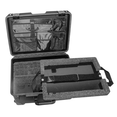 Travel case with custom foam and lid organizer to hold a complete four-up CrewCom system.